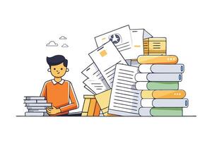 Minimalist illustration of a young student surrounded by a towering pile of books and documents symbolizing academic effort vector