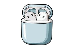 Cartoon Illustration of Wireless Earbuds in a Compact Charging Case, Featuring a Sleek and Modern Design vector