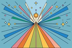 Dynamic background with radiant light beams, geometric shapes, and vivid colors creating a symmetrical sunburst effect vector