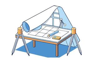 Creative design showing an architectural drafting table with rolled blueprints, tools, and measurement equipment for projects vector