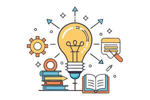Modern design of a glowing lightbulb with dynamic arrows, books, and charts symbolizing knowledge, education, and creativity vector