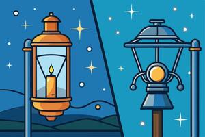 Artistic representation of vintage lanterns and modern streetlights side by side, illustrating historical progress in illumination vector