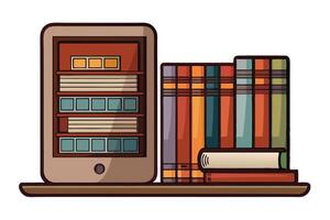 art showing a mix of digital tablet and classic books on a wooden shelf, representing the blend of traditional and digital reading vector