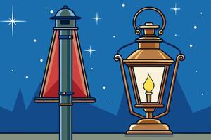 illustration comparing an old gas lantern and a modern streetlight, symbolizing the evolution of urban lighting technology vector