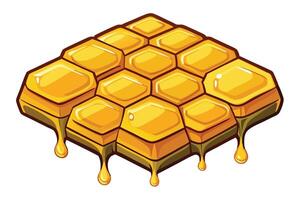 Bright and Detailed Cartoon Honeycomb with Hexagonal Pattern and Flowing Honey Drops on a White Background vector