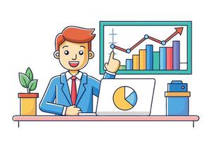 Businessman analyzing sales growth and performance charts during a professional presentation in a modern office setting vector