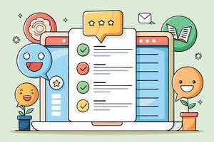 Cartoon style teamwork concept showcasing online collaboration and feedback through checklist and communication tools on a laptop vector
