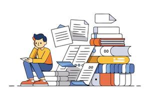 Creative artwork depicting a study overload scenario with books, documents, and a student, ideal for education illustrations vector