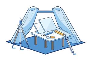 Detailed illustration of a blueprint drafting table with technical drawing tools, pens, and compasses in a professional workspace vector