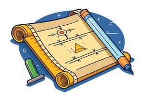 Elegant unrolled scroll with writing lines, decorative seal, and ink pens in a vibrant graphic style vector