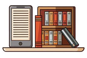 digital bookshelf illustration featuring traditional hardcover books and an e reader, symbolizing modern technology and classic literature vector