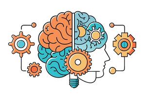 creative illustration of a brain merged with mechanical gears, symbolizing innovation, intelligence, and technological thinking vector