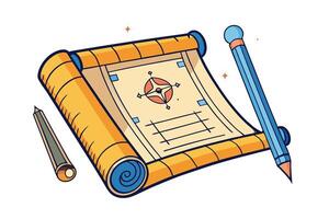 Illustration of an antique scroll with intricate design, paired with blue fountain pens in high resolution art vector