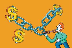 Conceptual cartoon style artwork showing people entangled in chains connected to dollar signs, reflecting financial restriction vector