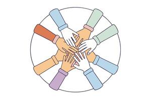 colorful illustration of multiple hands joined in a circle, symbolizing solidarity, cooperation, diversity, and inclusive community spirit vector