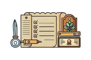 creative design featuring a locked recipe scroll, feather pen, and antique book details, representing privacy and secure documentation vector