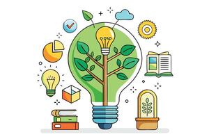 colorful infographic of a lightbulb growing with tree branches, surrounded by academic tools, symbolizing sustainable learning and ideas vector