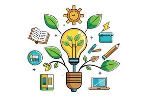 creative illustration of a lightbulb tree with leaves, books, and educational icons symbolizing growth, innovation, and knowledge vector