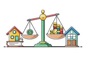Artistic graphic of a balance scale with coins and houses, emphasizing economic balance, savings, and wealth management vector