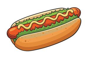 Tasty hot dog cartoon design with mustard and lettuce in a bun, highlighting fast food, picnics, and fun snack themes vector