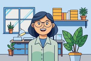 Illustration of a happy woman with glasses in a neat and colorful office setting, showcasing workplace creativity and positivity vector