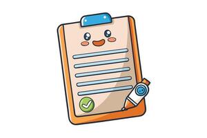 Charming cartoon style contract document with a friendly face, depicted alongside a pen for agreement and signature concepts vector