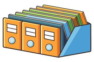 Stylized storage box with colorful folders and documents, highlighting file management, record keeping, and office organization concepts vector