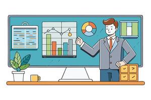 Professional presentation of business analytics with charts and graphs, featuring a corporate setting and focus on data driven decisions vector