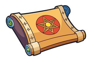 Cartoon Illustration of an Ancient Magic Scroll with Pentagram Symbol and Decorative Elements for Fantasy and Wizardry Themes vector