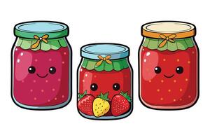 Three jars of jam with vibrant strawberries, cartoon style, cute smiling faces and colorful designs on white background vector
