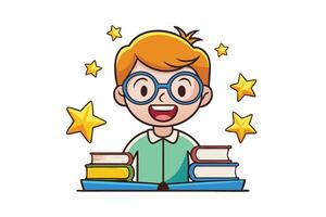 Excited boy with glasses and books in a colorful illustration, emphasizing knowledge, academic goals, and the joy of reading vector