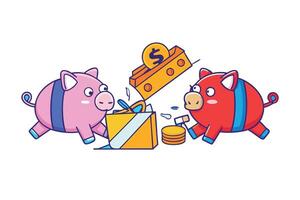 Cartoon style featuring piggy banks with coins, gift boxes, and shopping bags, illustrating financial concepts and consumer habits vector