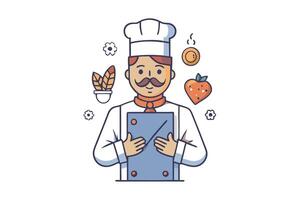Illustrated chef character holding a secret recipe book surrounded by culinary elements, herbs, and kitchen icons in a modern style vector