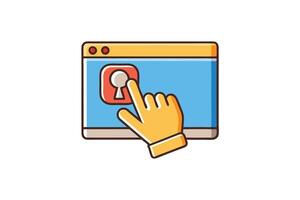 Stylized cartoon hand interacting with a web button on a browser window, perfect for web design, digital interfaces, and user actions vector