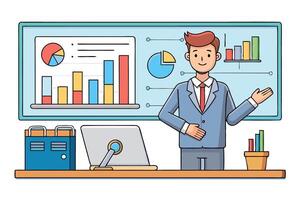 Corporate setting with a man explaining business data charts and graphs, emphasizing growth, analysis, and decision making tools vector