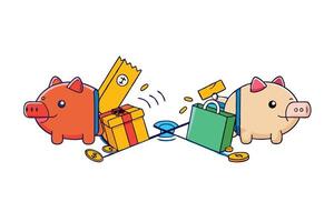 Creative illustration of piggy banks engaging in a tug of war over gifts and shopping bags, symbolizing spending and savings vector