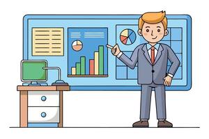 Businessman in a suit presenting data analysis on a large screen, highlighting charts, graphs, and financial insights in a modern office vector