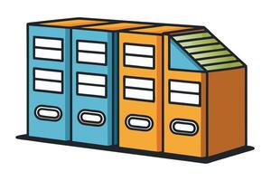 Stylized archive box with neatly organized orange and blue folders, representing file storage and office organization in a cartoon style vector