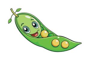 Playful and happy pea pod illustration in cartoon style with vivid green color and shiny peas ideal for healthy food themed projects vector