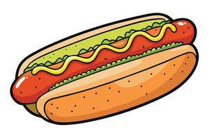Illustration of a hot dog topped with mustard and lettuce in a soft bun, perfect for food themes, fast food promotions, or menu designs vector