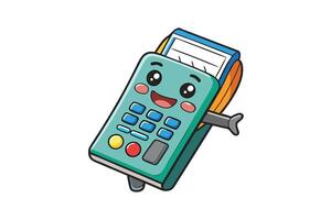 Illustration of a smiling cartoon credit card machine character with a cheerful expression on a white background for financial or retail themes vector