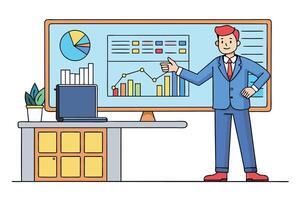 Illustration of a man analyzing financial and statistical data on a screen, representing business strategy, planning, and analytics vector
