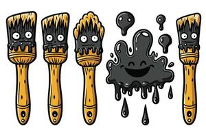 Set of quirky cartoon paintbrushes with dripping black paint, showcasing unique expressions and vibrant artistic style vector