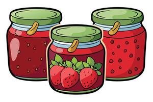 Collection of strawberry jam jars with decorative caps and smiling faces, perfect for breakfast themed illustrations vector