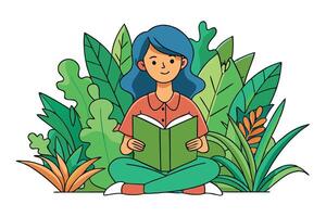 Young woman reading a book while surrounded by vibrant green leaves and plants, creating a tranquil and nature inspired setting vector