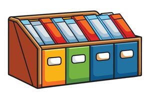 Bright and vibrant archive folder illustrations in multiple colors, neatly arranged in a wooden stand, ideal for office or educational themes vector