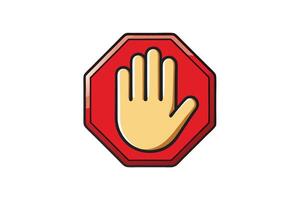 Cartoon style hand stop sign icon in bold red and yellow colors, symbolizing caution, restriction, and safety measures on a white background vector