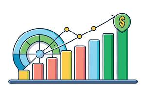 Dynamic financial graphic illustrating rising growth charts, analytics indicators, and strategic business success metrics vector