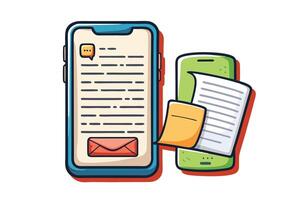 Abstract mobile app illustrations showcasing text input, checklist features, and document exchange in a vibrant cartoon style vector
