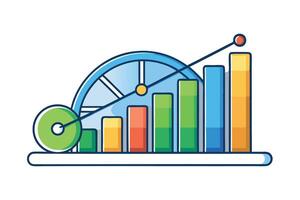 Colorful illustration of financial growth represented by rising bar charts, data analytics, and dynamic progress indicators vector